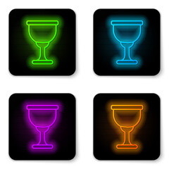 Glowing neon line Holy grail or chalice icon isolated on white background. Christian chalice. Christianity icon. Black square button. Vector.