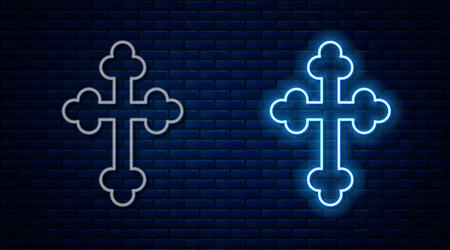 Glowing neon line Christian cross icon isolated on brick wall background. Church cross. Vector.