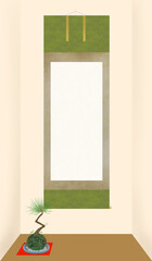 黒松盆栽の苔玉（赤毛せんと白い砂利の飾り）と掛軸のある床の間