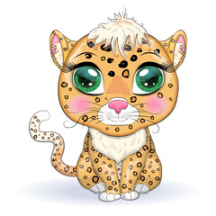 Leopard with beautiful eyes in cartoon style, colorful illustration for children. Leopard cat with characteristic spots