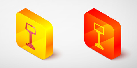 Isometric line Floor lamp icon isolated on grey background. Yellow and orange square button. Vector.