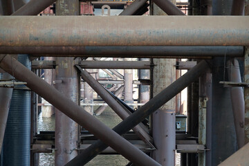 Temporary metal supports of the bridge under construction
