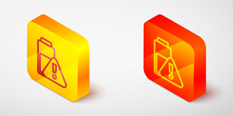 Isometric line Smartphone battery charge icon isolated on grey background. Phone with a low battery charge. Yellow and orange square button. Vector.