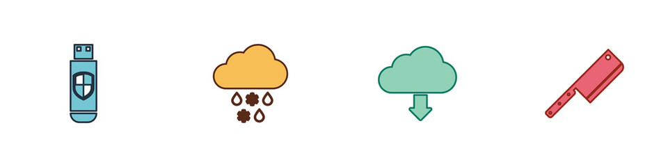Set USB flash drive and shield, Cloud with snow rain, download and Meat chopper icon. Vector.