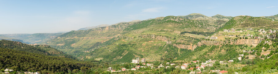 Jezzine town landscape with famous waterfall pouring into the dry valley, in Southern Lebanon