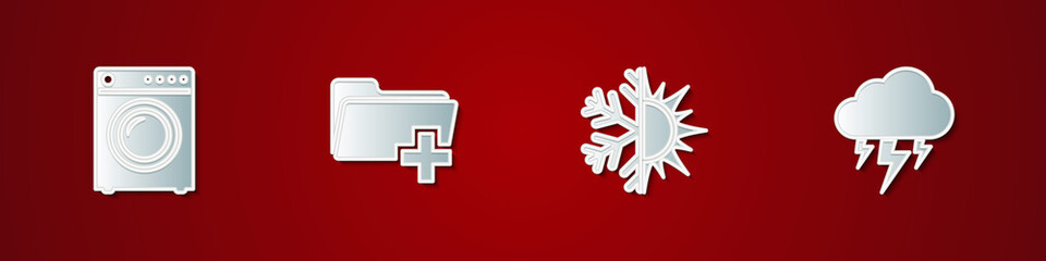 Set Washer, Add new folder, Sun and snowflake and Storm icon. Vector.