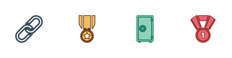 Set Chain link, Medal with star, Safe and icon. Vector.