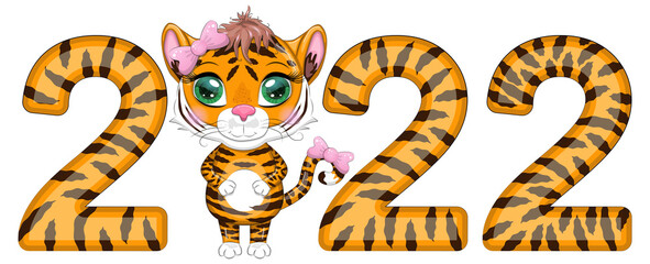 Happy New Year lettering and large tiger numbers 2022. Year of the Tiger. Striped 2022. Festive New Year greeting card.