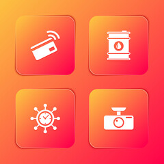 Set Contactless payment, Barrel oil, Clock and gear and Car DVR icon. Vector.