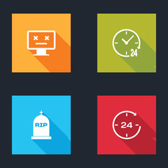 Fototapeta premium Set Dead monitor, Clock 24 hours, Tombstone with RIP written and icon. Vector.
