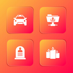 Set Police car and flasher, FTP folder upload, Tombstone with RIP written and Burning candles icon. Vector.