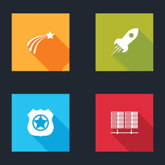 Set Falling star, Rocket ship with fire, Police badge and Server, Data, Web Hosting icon. Vector.