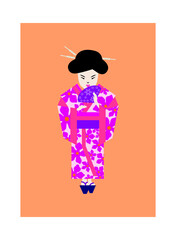 Japanese-Woman-In-Traditional-Costume-With-Magenta-Floral-Pattern
