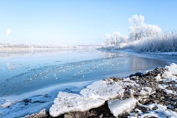 The Seversky Donets river on a frosty and sunny morning. Winter landscape