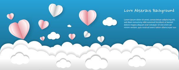 Paper cut design elements in shape of heart ballon and cloud flying on blue sky background. Vector symbols of love for Happy Valentine's day, gift card design.