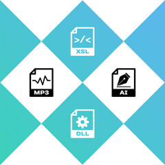 Set MP3 file document, DLL, XSL and AI icon. Vector.