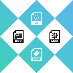 Set DOC file document, MSG, JS and MAX icon. Vector.