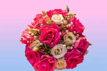 Bouquet of fresh amazing white and pink roses in craft paper. Beautiful flowers as gift for Mother’s, Valentine’s Day, Birthday or Wedding. Close up.