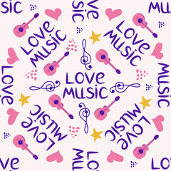 Love music seamless pattern with country guitar, music notes, treble clef, hearts, decorative elements.