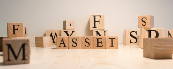 The word Asset is from wooden cubes. Background from wooden letters.