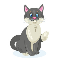 A cute black and white cat is sitting. In cartoon style. Isolated on white background. Vector flat illustration.