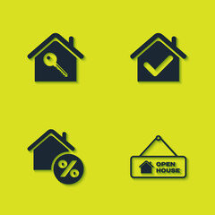 Set House with key, Hanging sign Open house, percant and check mark icon. Vector.