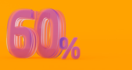 3D render of transparent glass percent sign sixty percent 60%, 60% glass sixty percent on a colored background.