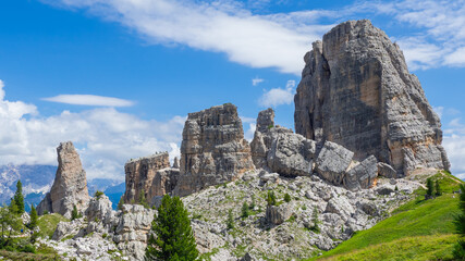 Amazing landscape at the Dolomites in Italy. View at 5 torri group a mountain massif of incomparable beauty. Dolomites Unesco world heritage. The most beautiful mountains on Earth. Summer time