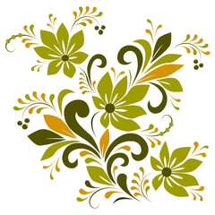 Decorative floral pattern in green on a white isolated background. Abstract branch with flowers, leaves and curl elements.