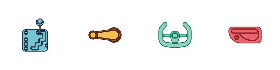 Obraz premium Set Gear shifter, Car door handle, Sport steering wheel and icon. Vector.