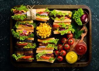 A set of homemade sandwiches with sausage, cutlet, lettuce, onions, tomatoes and vegetables. Rustic style. Free copy space.