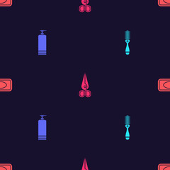 Set Hairbrush, Cream cosmetic tube, Scissors and Bar of soap on seamless pattern. Vector.