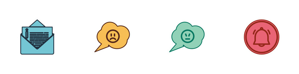 Set Envelope, Speech bubble with sad smile, angry and Button chat notification icon. Vector.