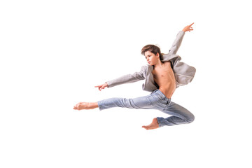 Ballet dancer teen boy jumping on white background, isolate