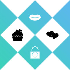 Set Wedding cake with heart, Lock and, Smiling lips and Heart icon. Vector.