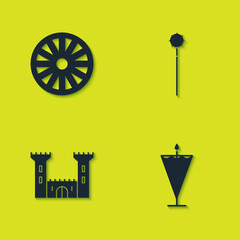 Set Old wooden wheel, Medieval flag, Castle and chained mace ball icon. Vector.