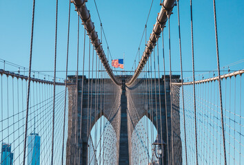 View from the pedestrian walkway of the Brooklyn Bridge. The Brooklyn Bridge is connects the boroughs of Manhattan and Brooklyn and is one of the biggest suspension bridge in the world.
