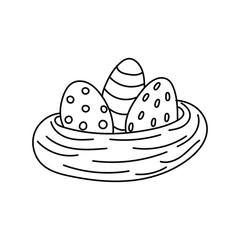 Easter doodle, painted eggs in a bird's nest, linear vector illustration. hand drawn style symbols and objects, simple, black drawing for sticker, Easter Egg, decor, postcards, icons, coloring page, l