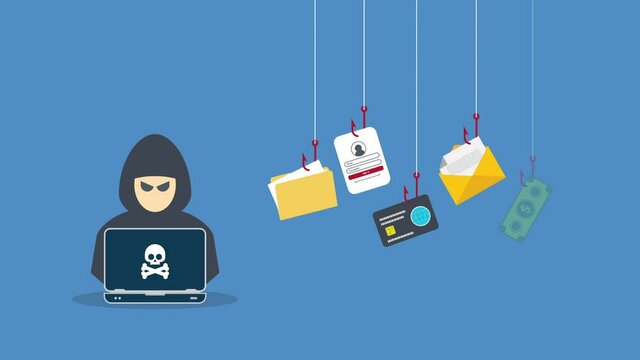 Hacker with laptop computer stealing confidential data, personal information and credit card detail. Hacking concept.	
