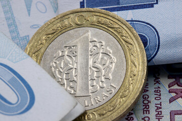 close-up Turkish banknotes and coins