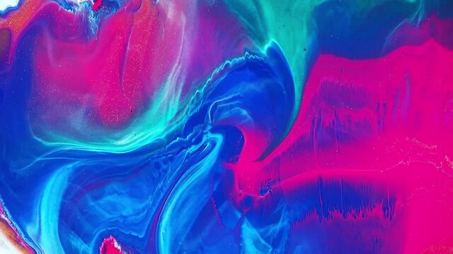 Fluid art drawing video, abstract acrylic texture with colorful waves. Liquid paint mixing backdrop with splash and swirl. Detailed background motion with blue, pink and turquoise overflowing colors