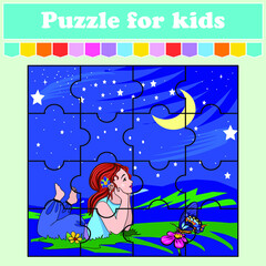 A puzzle game for children. The girl and the starry night. Education worksheet. Color activity page. Riddle for preschoolers. Isolated vector illustrations. Cartoon style.