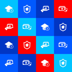 Set Graduation cap and coin, House with shield, Stacks paper money cash and Money icon. Vector.