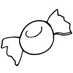 Round caramel in a wrapper, a sweets for children for a holiday, birthday, Halloween, Christmas. Drawn on a white background with a black gel pen, simple illustration for design, logotype, label.