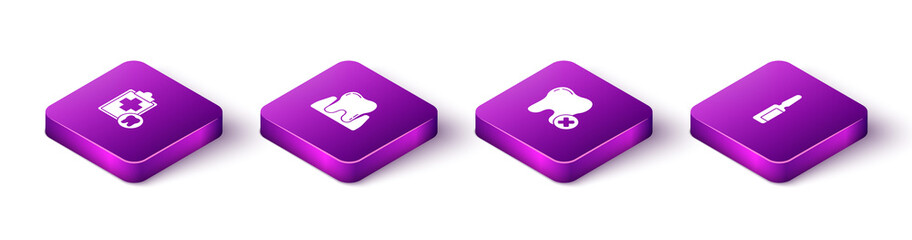 Set Isometric Dental card, Tooth, with caries and Painkiller tablet icon. Vector.