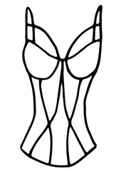 Elegant women’s corset with straps, sexy clothes for the holiday of all lovers, Valentine's Day. Hand drawn by black pen on white background, vector. For clothing stores, costumes, ballroom parties.