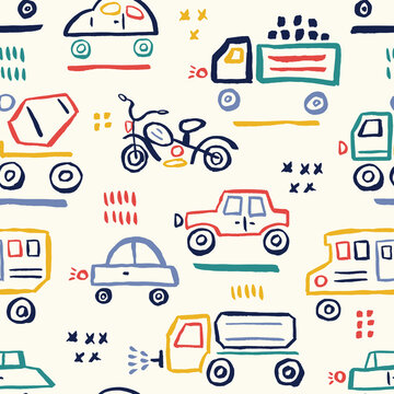 Cars seamless pattern. Child vector illustration of road traffic. Decor for fabric and paper.