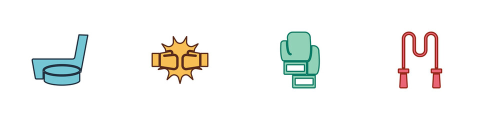 Set Ice hockey stick and puck, Punch in boxing gloves, Boxing and Jump rope icon. Vector.