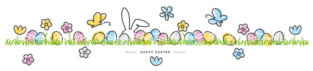 Easter line design butterfly rabbit and spring flowers tulips colorful eggs in green grass Easter egg hunt white greeting card