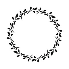 Vector hand drawn spring wreath isolated on white background. Silhouette circle of leaves. Doodle style. Floral frame.